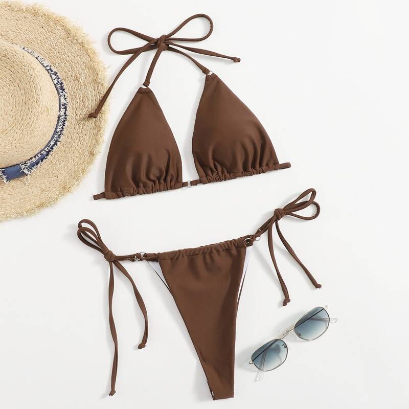 

Tie Side Halter Bikini Swimsuit, Coffee brown