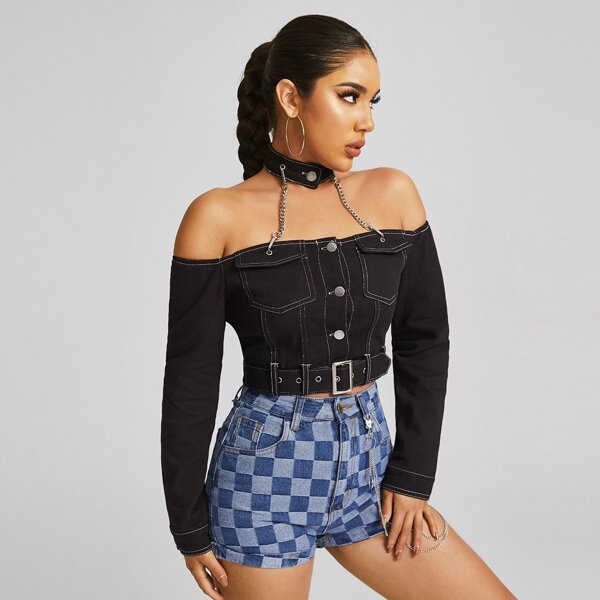

Chain Strap Buckle Belted Denim Top, Black