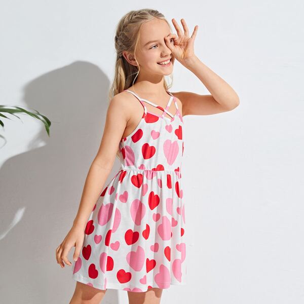 

Girls Heart Print A-line Dress, Multicolor