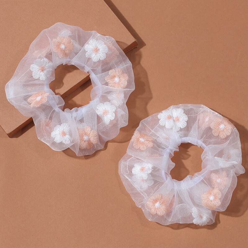 

2pcs Floral Mesh Scrunchie, White