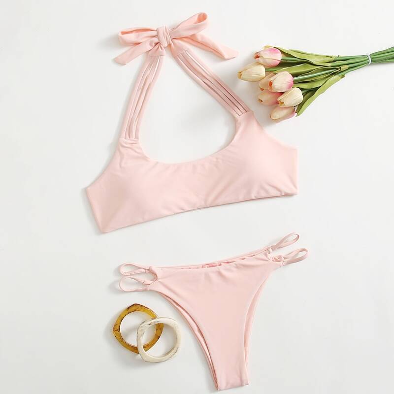 

Cut-out Halter Bikini Swimsuit, Baby pink