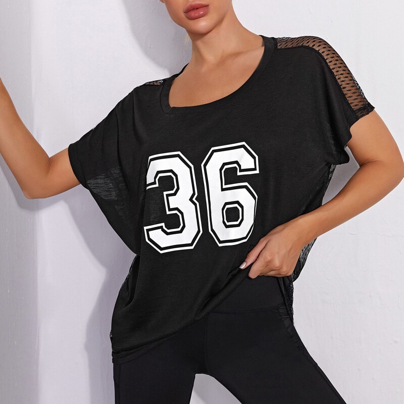 

Number Print Mesh Back Sports Tee, Black