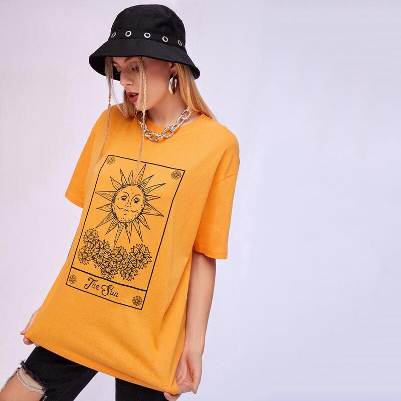 

Flower & Sun Graphic Oversized Tee, Orange