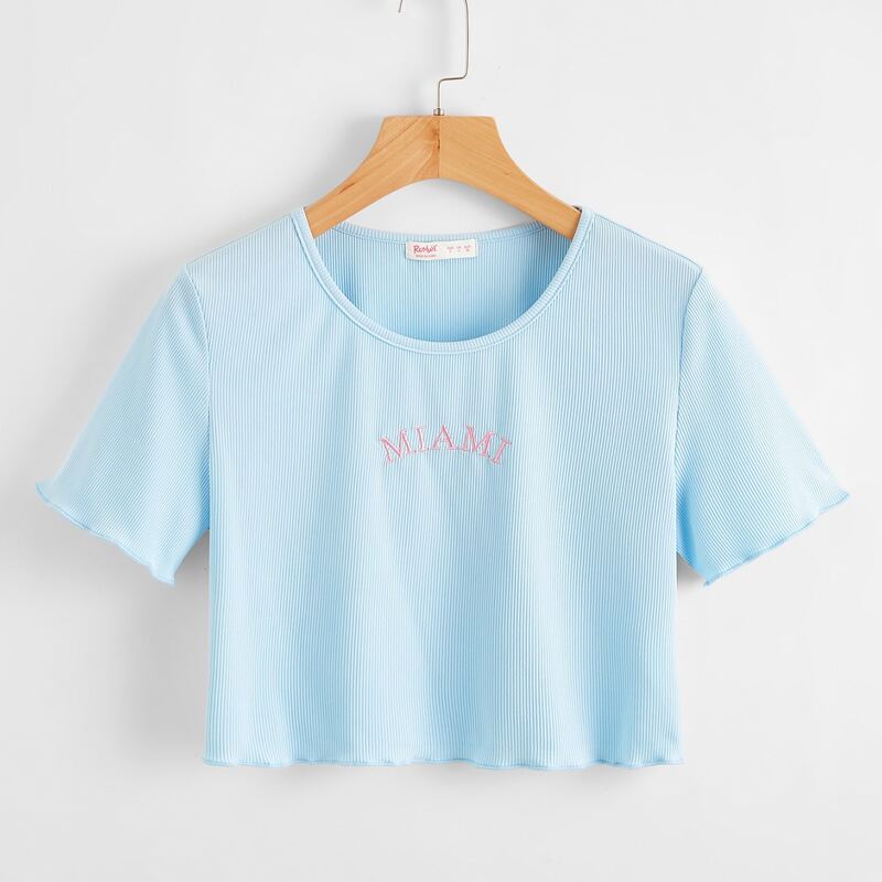 

Letter Embroidery Ribbed Crop Top, Baby blue