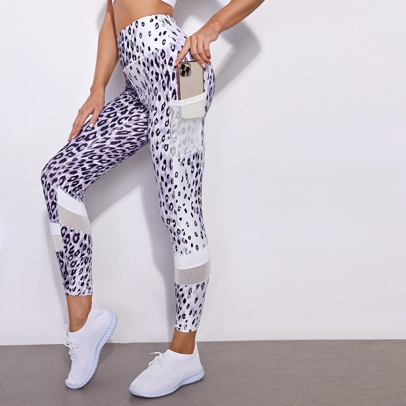 

Contrast Mesh Sports Leggings With Phone Pocket, Multicolor