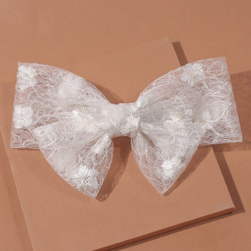 

Embroidery Mesh Bow Hair Clip, White