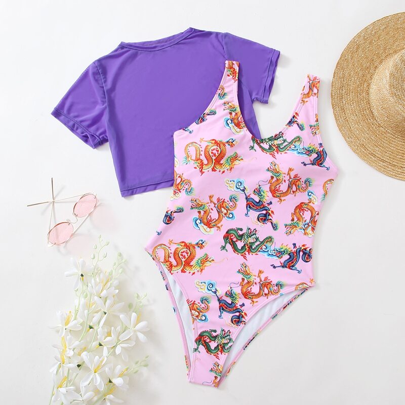 

Dragon Print One Piece Swimsuit & Cover Up, Multicolor