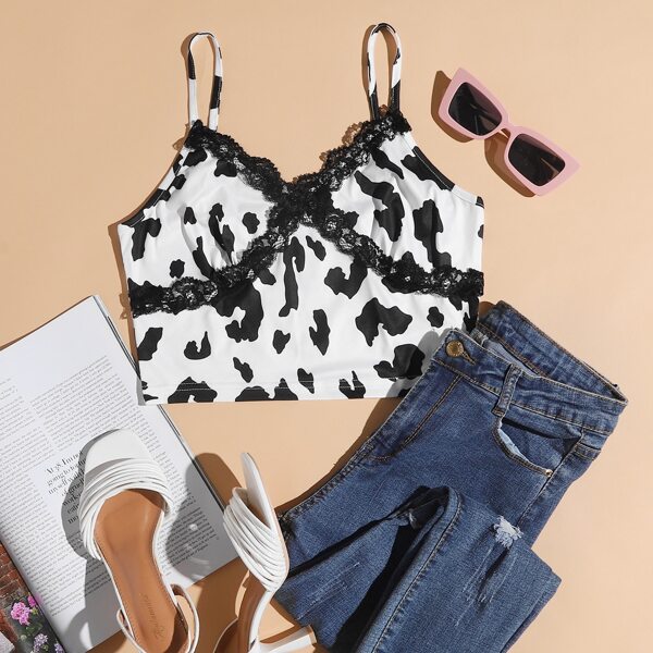 

Lace Trim Cow Print Cami Top, Black and white