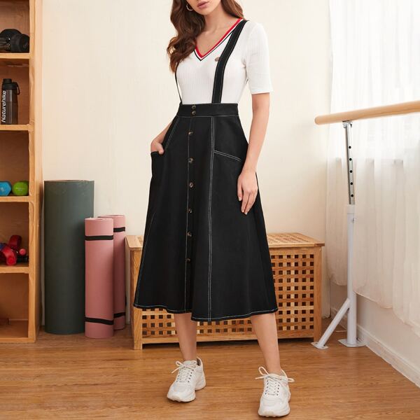 

Single Breasted Front Contrast Stitch Suspender Skirt, Black