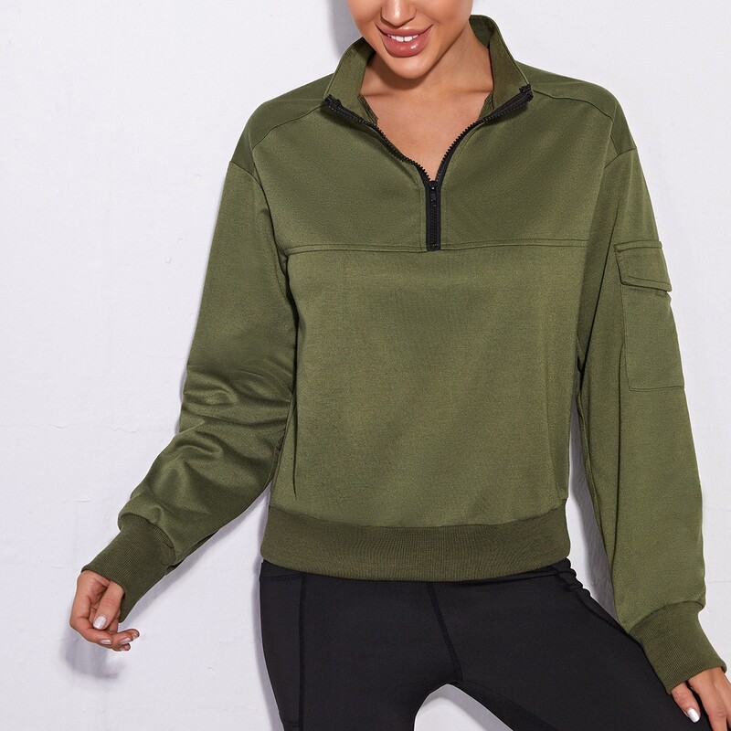 

Half Zip Flap Pocket Detail Sports Sweatshirt, Army green