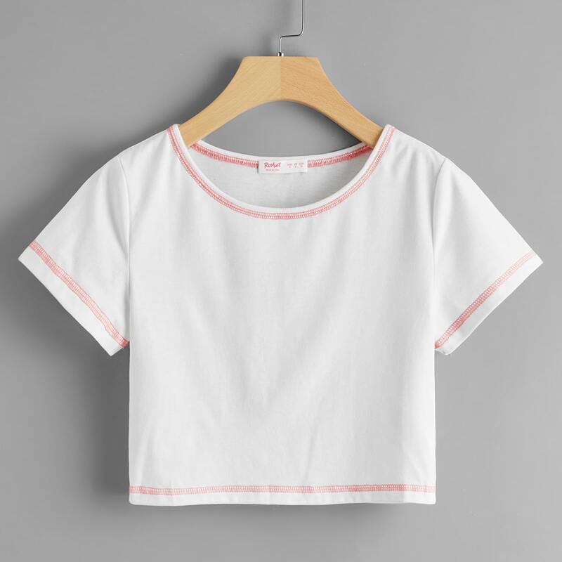 

Contrast Stitching Crop Tee, White