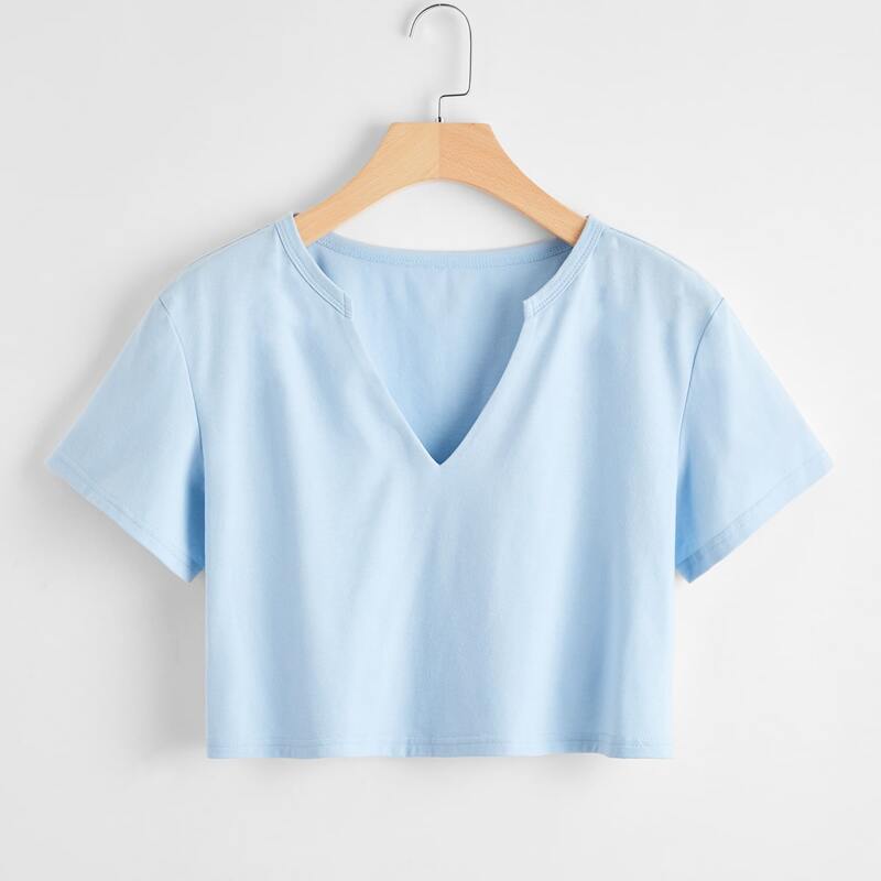 

Solid Notched Crop Tee, Baby blue