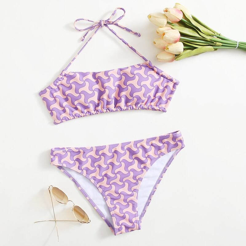 

Geometric Pattern Halter Bikini Swimsuit, Mauve purple