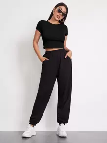 SHEIN EZwear Top corto tejido de canalé - Negro - Ver 3