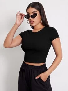 SHEIN EZwear Top corto tejido de canalé - Negro - Ver 5