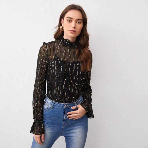 

Fill Mock Neck Flounce Sleeve Allover Pattern Sheer Mesh Top Without Cami, Black