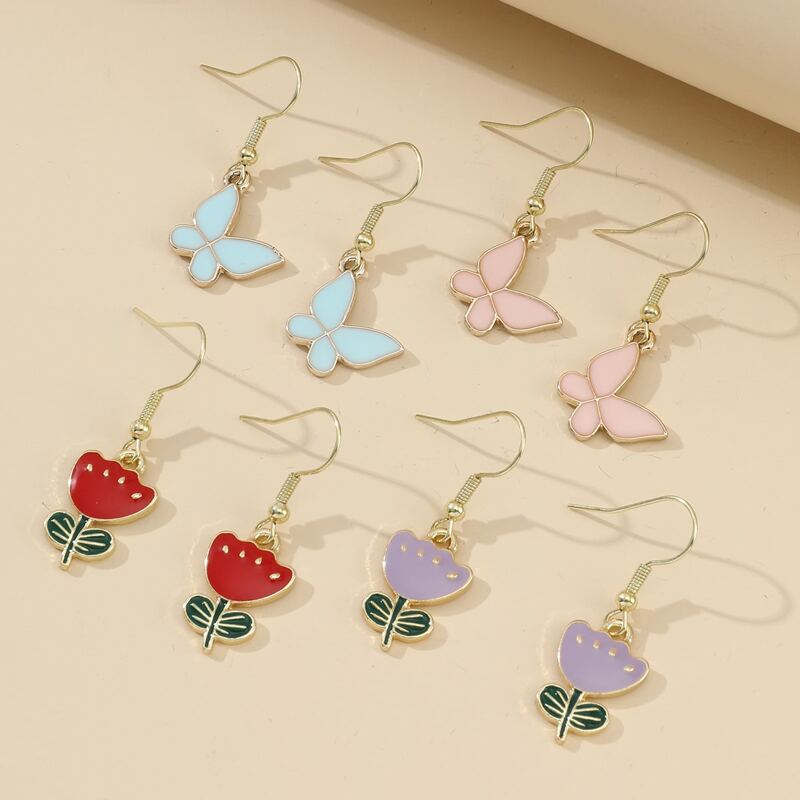 

4pairs Floral & Butterfly Drop Earrings, Multicolor