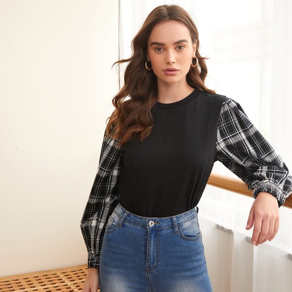 

Contrast Tartan Lantern Sleeve Pullover, Black