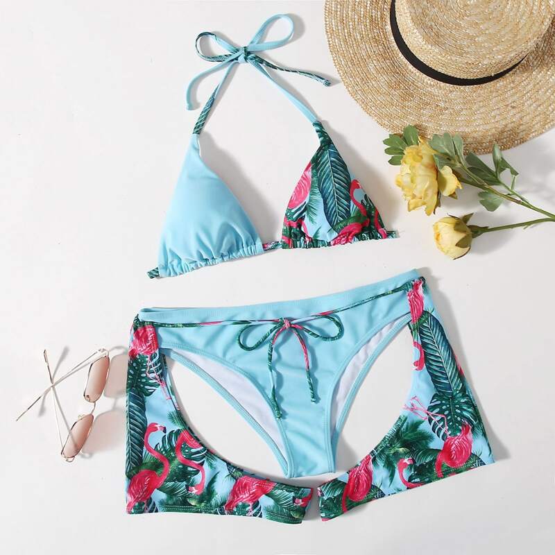 

Tropical Pattern Triangle Bikini Swimsuit, Multicolor