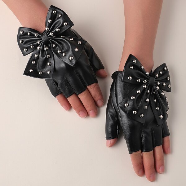 

Bow Knot Decor PU Gloves, Black