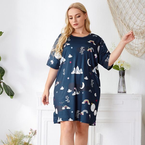 

Plus Cartoon & Slogan Graphic Night Dress, Navy blue