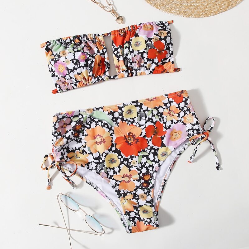 

Floral Drawstring Side Bikini Swimsuit, Multicolor