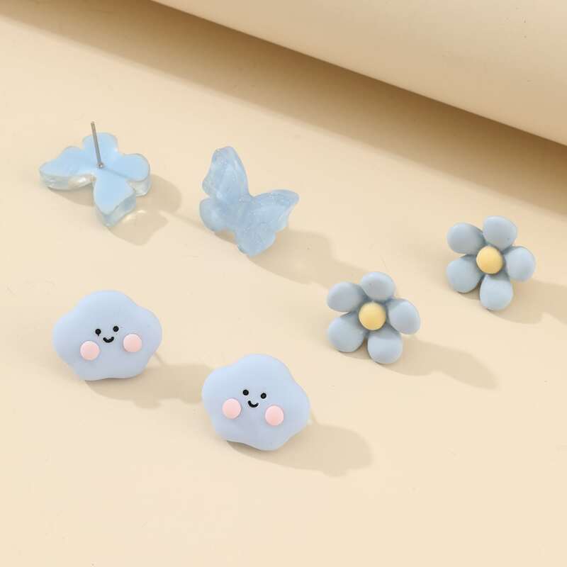 

3pairs Butterfly & Floral Stud Earrings, Baby blue