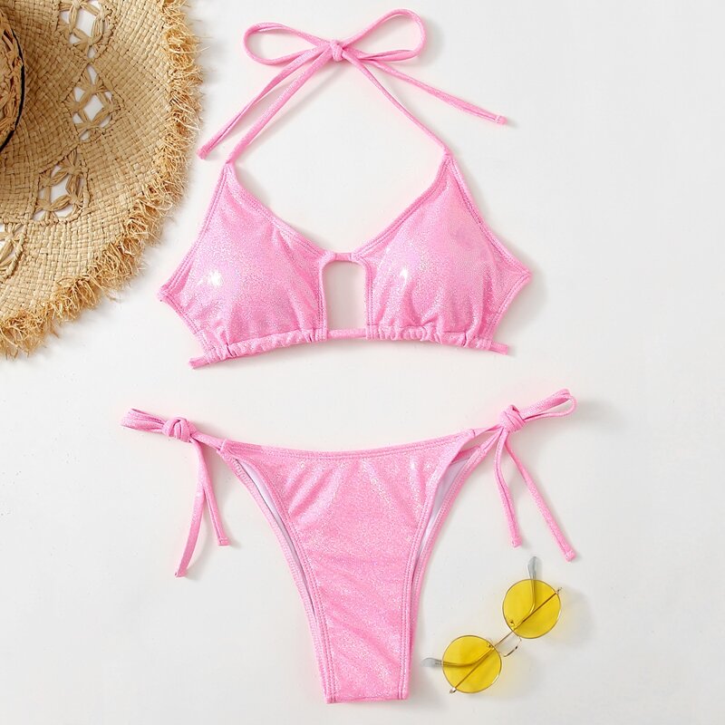 

Glitter Tie Side Bikini Swimsuit, Pink