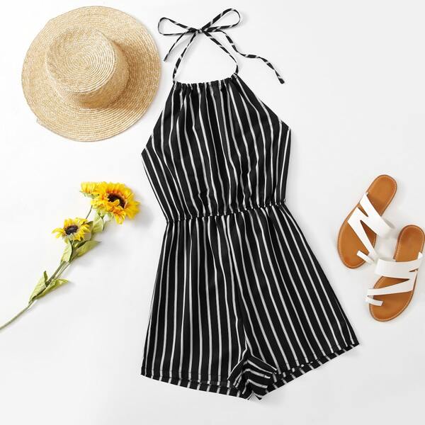 

Striped Tie Back Halter Romper, Black