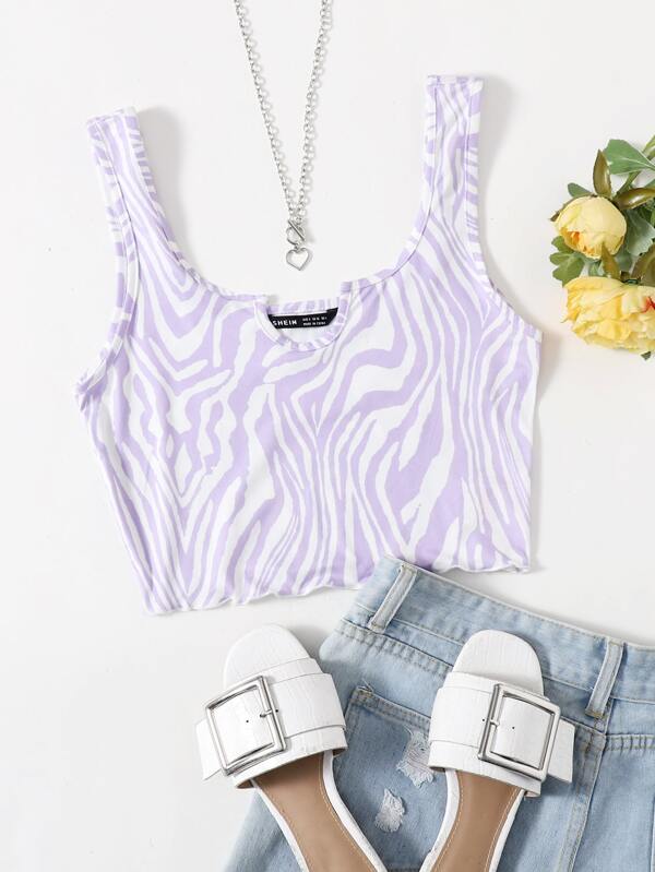 SHEIN EZwear Notched Neck Lettuce Trim Zebra Striped Tank Top