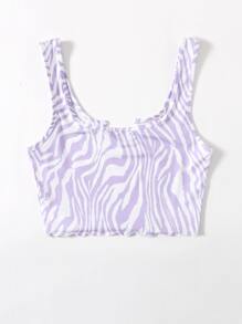 SHEIN EZwear Notched Neck Lettuce Trim Zebra Striped Tank Top - Multicolor - View 2