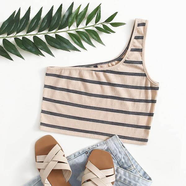 

One Shoulder Striped Crop Top, Beige