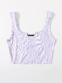 SHEIN EZwear Notched Neck Lettuce Trim Zebra Striped Tank Top - Multicolor - View 3