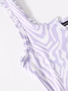 SHEIN EZwear Notched Neck Lettuce Trim Zebra Striped Tank Top - Multicolor - View 4