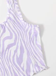 SHEIN EZwear Notched Neck Lettuce Trim Zebra Striped Tank Top - Multicolor - View 5