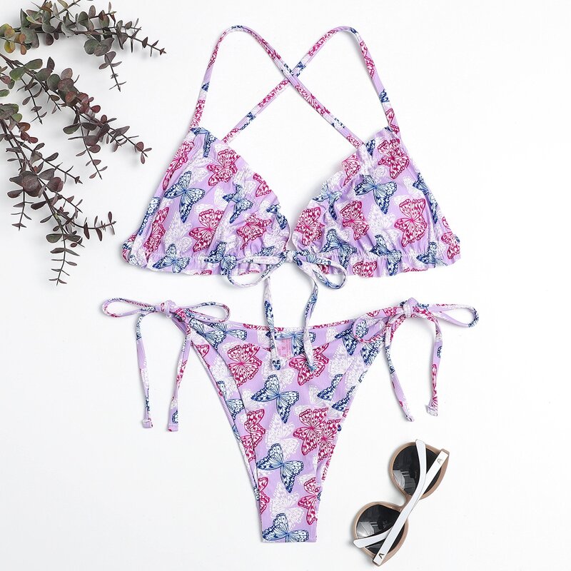 

Butterfly Frill Trim Bikini Swimsuit, Multicolor