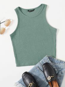SHEIN EZwear Solid Rib-knit Tank Top - Mint Green - View 1