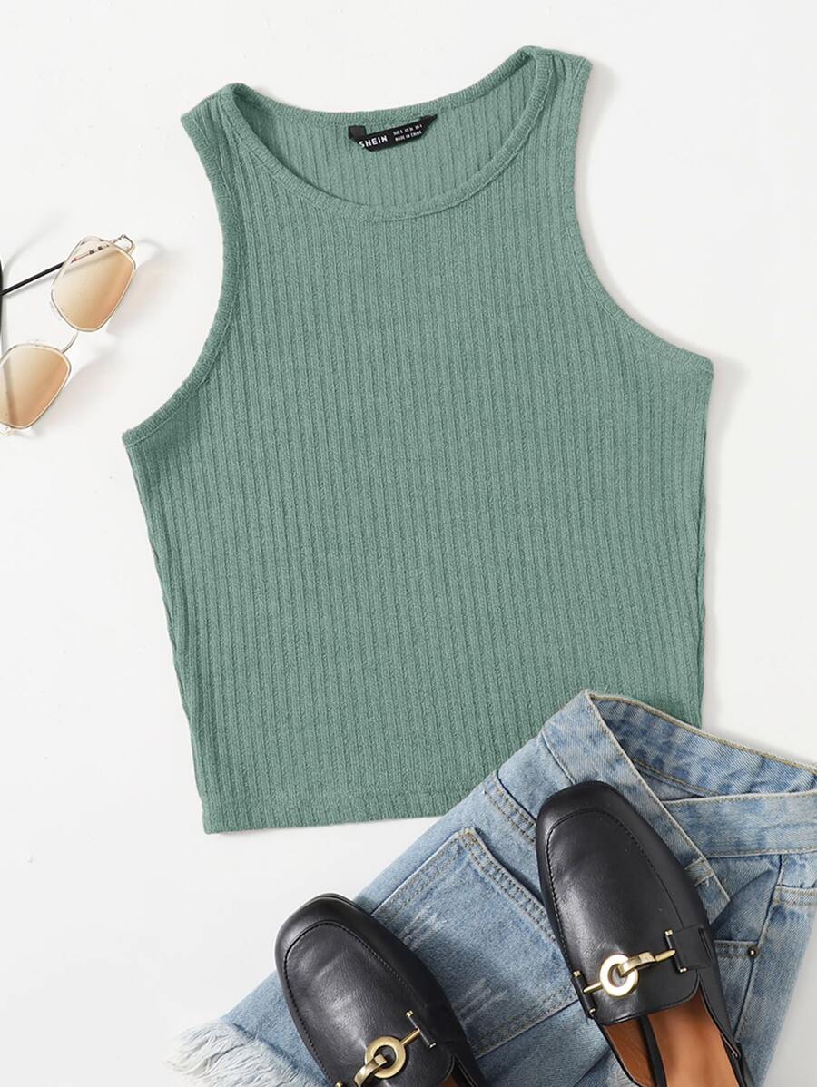 SHEIN EZwear Solid Rib-knit Tank Top - Mint Green - View 1
