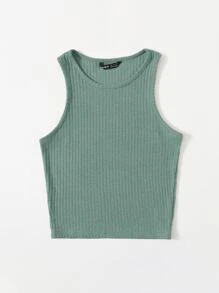 SHEIN EZwear Solid Rib-knit Tank Top - Mint Green - View 3