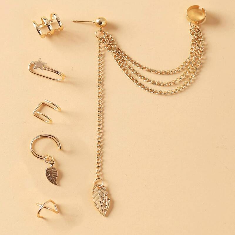 

6pcs Leaf & Star Chain Ear Cuff, Gold