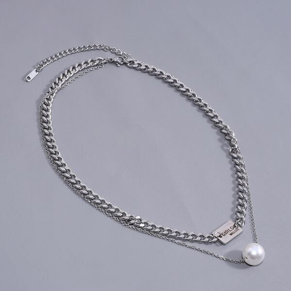 

Men Faux Pearl Charm Layered Necklace, Silver