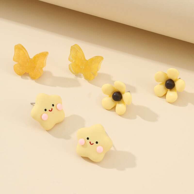 

3pairs Butterfly & Floral Stud Earrings, Yellow