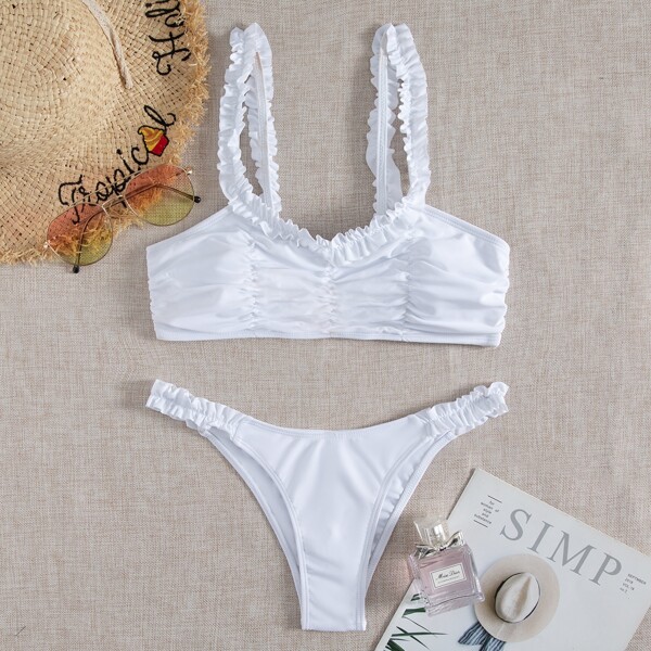 

Ruched Frill Trim Thong Bikini Swimsuit, White