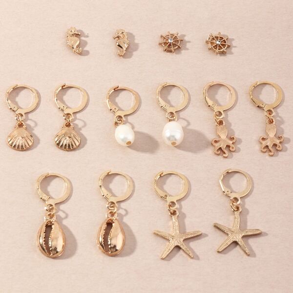 

7pairs Shell & Starfish Decor Earrings, Gold