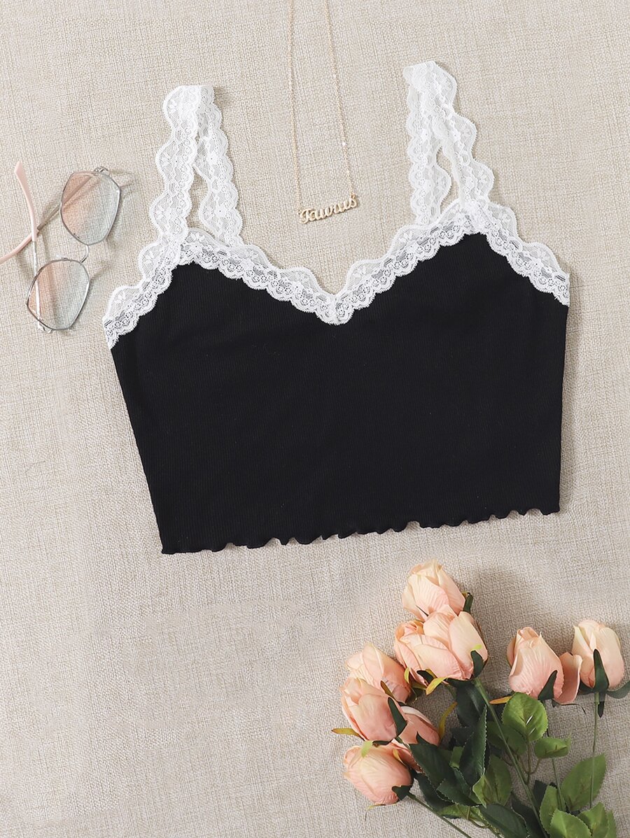 SHEIN Qutie Contrast Lace Lettuce Trim Rib-knit Crop Cami Top - Black - View 1