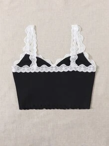 SHEIN Qutie Contrast Lace Lettuce Trim Rib-knit Crop Cami Top - Black - View 2