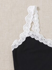 SHEIN Qutie Contrast Lace Lettuce Trim Rib-knit Crop Cami Top - Black - View 4