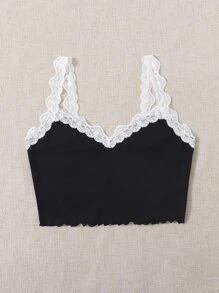 SHEIN Qutie Contrast Lace Lettuce Trim Rib-knit Crop Cami Top - Black - View 5