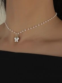 Butterfly Charm Faux Pearl Necklace - White - View 1