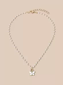 Butterfly Charm Faux Pearl Necklace - White - View 2